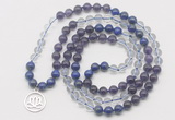 GMN6000 Knotted 8mm, 10mm amethyst, white crystal & lapis lazuli 108 beads mala necklace with charm