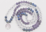 GMN6001 Knotted 8mm, 10mm matte amethyst, white crystal & lapis lazuli 108 beads mala necklace with charm