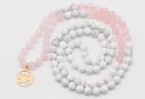 GMN6002 Knotted 8mm, 10mm rose quartz & white howlite 108 beads mala necklace with charm