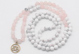 GMN6003 Knotted 8mm, 10mm rose quartz & white howlite 108 beads mala necklace with charm