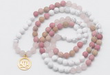 GMN6004 Knotted 8mm, 10mm white howlite, pink jasper & rose quartz 108 beads mala necklace with charm