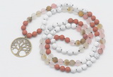 GMN6005 Knotted 8mm, 10mm white howlite, cherry quartz & red jasper 108 beads mala necklace with charm