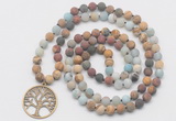 GMN6006 Knotted 8mm, 10mm matte mixed amazonite & jasper 108 beads mala necklace with charm