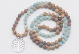 GMN6007 Knotted 8mm, 10mm matte amazonite & jasper 108 beads mala necklace with charm