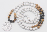 GMN6008 Knotted 8mm, 10mm matte white howlite & mixed gemstone 108 beads mala necklace with charm