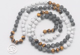 GMN6009 Knotted 8mm, 10mm matte white howlite & black labradorite 108 beads mala necklace with charm