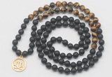 GMN6011 Knotted 8mm, 10mm matte black agate & yellow tiger eye 108 beads mala necklace with charm