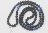 GMN6014 Knotted 8mm, 10mm black lava & lapis lazuli 108 beads mala necklace with charm