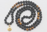 GMN6015 Knotted 8mm, 10mm black lava & yellow tiger eye 108 beads mala necklace with charm