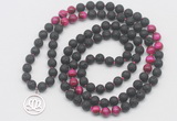 GMN6016 Knotted 8mm, 10mm black lava & red tiger eye 108 beads mala necklace with charm