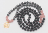 GMN6017 Knotted 8mm, 10mm matte black agate, black labradorite & rose quartz 108 beads mala necklace with charm