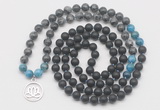 GMN6018 Knotted 8mm, 10mm matte black agate, black labradorite & apatite 108 beads mala necklace with charm