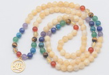 GMN6020 Knotted 7 Chakra 8mm, 10mm honey jade 108 beads mala necklace with charm