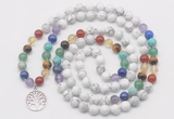 GMN6021 Knotted 7 Chakra 8mm, 10mm white howlite 108 beads mala necklace with charm