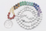 GMN6022 Knotted 7 Chakra 8mm, 10mm white howlite 108 beads mala necklace with charm