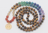 GMN6024 Knotted 7 Chakra 8mm, 10mm yellow tiger eye 108 beads mala necklace with charm