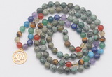 GMN6026 Knotted 7 Chakra 8mm, 10mm African turquoise 108 beads mala necklace with charm