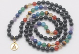 GMN6027 Knotted 7 Chakra 8mm, 10mm black obsidian 108 beads mala necklace with charm