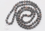 GMN6031 Knotted 8mm, 10mm grey opal 108 beads mala necklace with charm