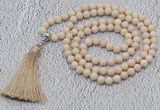 GMN604 Hand-knotted 8mm, 10mm white fossil jasper 108 beads mala necklaces with tassel