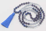 GMN6100 Knotted 8mm, 10mm amethyst, white crystal & lapis lazuli 108 beads mala necklace with tassel