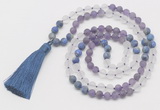 GMN6101 Knotted 8mm, 10mm matte amethyst, white crystal & lapis lazuli 108 beads mala necklace with tassel