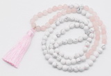 GMN6103 Knotted 8mm, 10mm rose quartz & white howlite 108 beads mala necklace with tassel