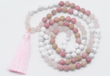 GMN6104 Knotted 8mm, 10mm white howlite, pink jasper & rose quartz 108 beads mala necklace with tassel