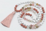 GMN6105 Knotted 8mm, 10mm white howlite, cherry quartz & red jasper 108 beads mala necklace with tassel