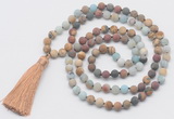 GMN6106 Knotted 8mm, 10mm matte mixed amazonite & jasper 108 beads mala necklace with tassel