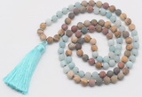 GMN6107 Knotted 8mm, 10mm matte amazonite & jasper 108 beads mala necklace with tassel