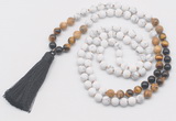 GMN6108 Knotted 8mm, 10mm matte white howlite & mixed gemstone 108 beads mala necklace with tassel