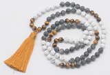 GMN6109 Knotted 8mm, 10mm matte white howlite & black labradorite 108 beads mala necklace with tassel