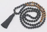 GMN6111 Knotted 8mm, 10mm matte black agate & yellow tiger eye 108 beads mala necklace with tassel