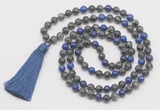 GMN6112 Knotted 8mm, 10mm black labradorite & lapis lazuli 108 beads mala necklace with tassel