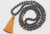 GMN6115 Knotted 8mm, 10mm black lava & yellow tiger eye 108 beads mala necklace with tassel