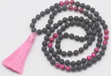 GMN6116 Knotted 8mm, 10mm black lava & red tiger eye 108 beads mala necklace with tassel