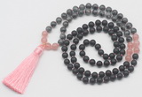 GMN6117 Knotted 8mm, 10mm matte black agate, black labradorite & rose quartz 108 beads mala necklace with tassel