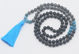 GMN6118 Knotted 8mm, 10mm matte black agate, black labradorite & apatite 108 beads mala necklace with tassel