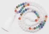 GMN6119 Knotted 7 Chakra 8mm, 10mm white jade 108 beads mala necklace with tassel