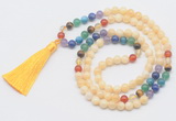 GMN6120 Knotted 7 Chakra 8mm, 10mm honey jade 108 beads mala necklace with tassel