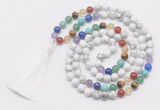 GMN6121 Knotted 7 Chakra 8mm, 10mm white howlite 108 beads mala necklace with tassel