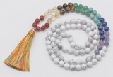 GMN6122 Knotted 7 Chakra 8mm, 10mm white howlite 108 beads mala necklace with tassel