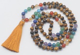 GMN6123 Knotted 7 Chakra 8mm, 10mm yellow tiger eye 108 beads mala necklace with tassel