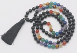 GMN6127 Knotted 7 Chakra 8mm, 10mm black obsidian 108 beads mala necklace with tassel