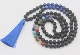 GMN6128 Knotted 7 Chakra 8mm, 10mm black lava & lapis lazuli 108 beads mala necklace with tassel