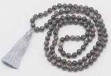 GMN6131 Knotted 8mm, 10mm grey opal 108 beads mala necklace with tassel