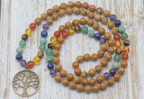 GMN6136 Knotted 7 Chakra 8mm, 10mm wooden jasper 108 beads mala necklace with charm