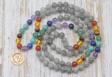 GMN6137 Knotted 7 Chakra 8mm, 10mm labradorite 108 beads mala necklace with charm