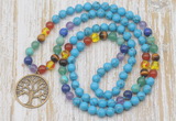 GMN6140 Knotted 7 Chakra 8mm, 10mm turquoise 108 beads mala necklace with charm